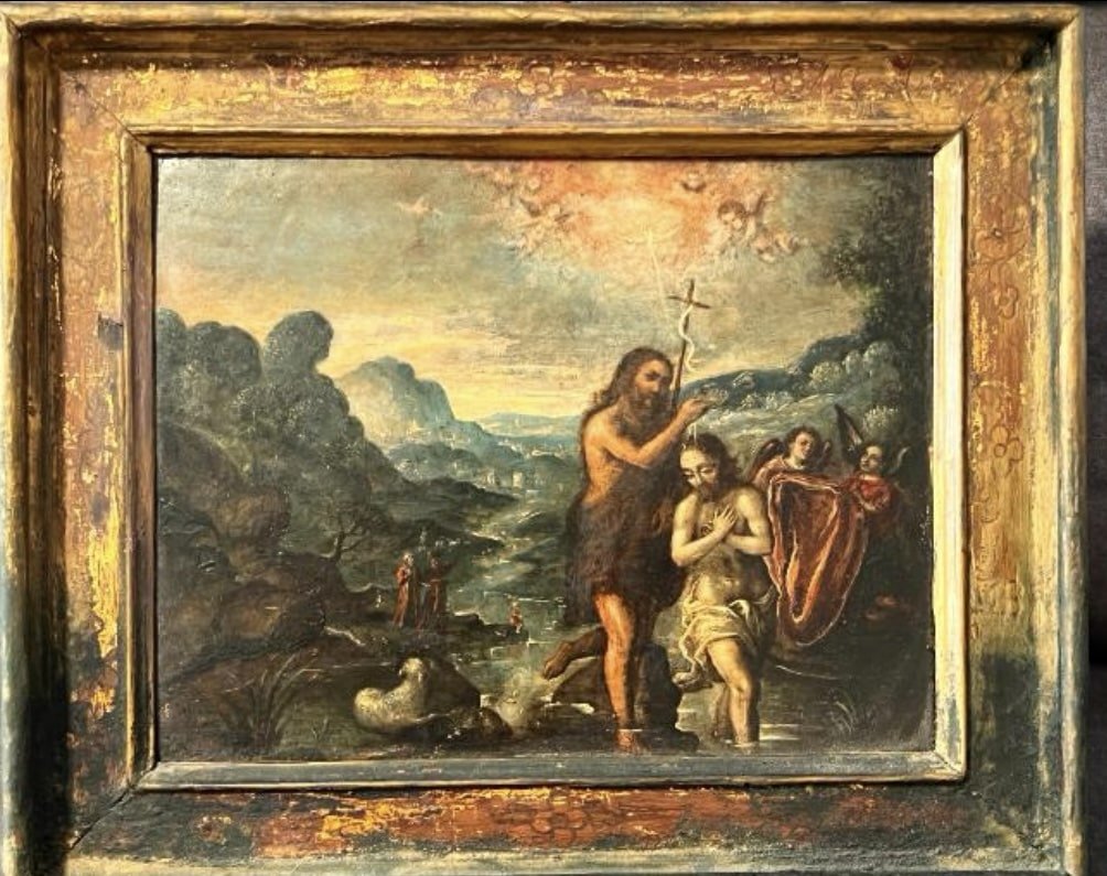 Flamenco School Artist, Baptism of Christ, 17th Century, Oil on Copper, Framed