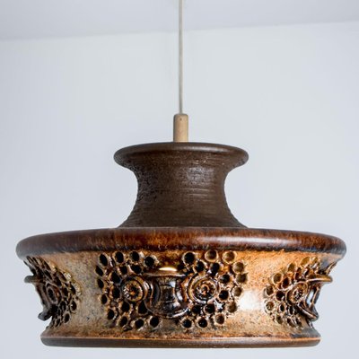 Flat Brown Beige Ceramic Pendant Light, Denmark, 1970s-VDW-1739989