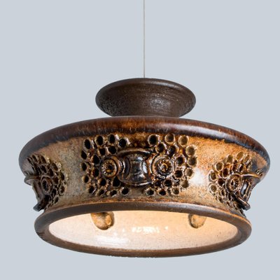 Flat Brown Beige Ceramic Pendant Light, Denmark, 1970s-VDW-1739989