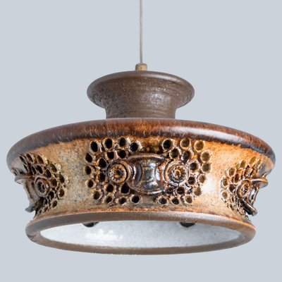 Flat Brown Beige Ceramic Pendant Light, Denmark, 1970s-VDW-1739989