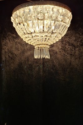 Flat Vintage Ceiling Lamp with Cut Crystal Glass Hangings, 1960s-HOI-2033657