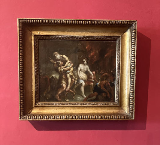 Flemish Artist, Aeneas Fleeing the Burning of Troy, 17th Century, Oil on Canvas, Framed