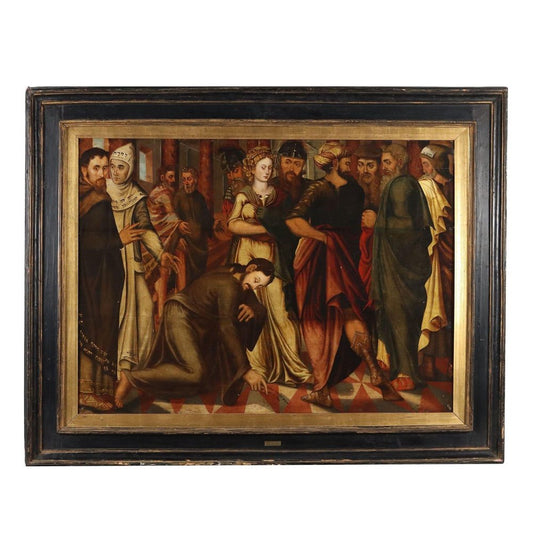 Flemish Artist, Christ and the Adulteress, 1500s, Oil on Panel, Framed