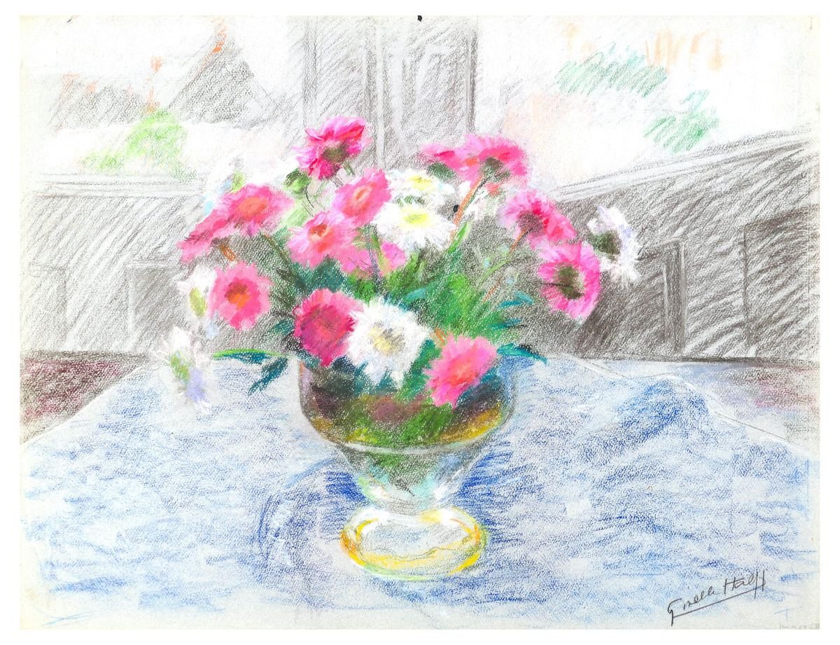 Fleurs dans un Vase- Original Oil Pastel Drawing by G. Halff - Late 20th Century Late 20th Century