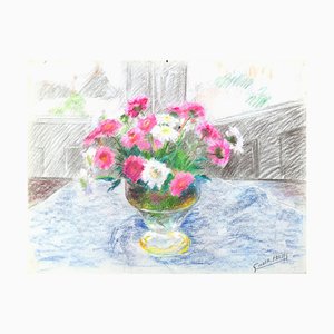 Fleurs dans un Vase- Original Oil Pastel Drawing by G. Halff - Late 20th Century Late 20th Century-ZCI-758876