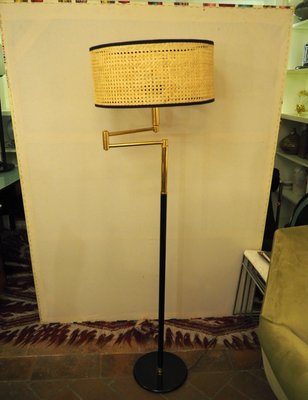 Floor Lamp in Brass and Lacquered Metal with Vienna Straw Lampshade, 1960s-TKR-1256405