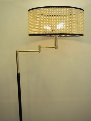 Floor Lamp in Brass and Lacquered Metal with Vienna Straw Lampshade, 1960s-TKR-1256405