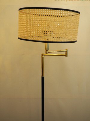 Floor Lamp in Brass and Lacquered Metal with Vienna Straw Lampshade, 1960s-TKR-1256405