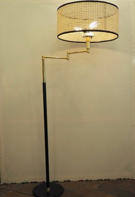 Floor Lamp in Brass and Lacquered Metal with Vienna Straw Lampshade, 1960s-TKR-1256405