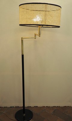 Floor Lamp in Brass and Lacquered Metal with Vienna Straw Lampshade, 1960s-TKR-1256405