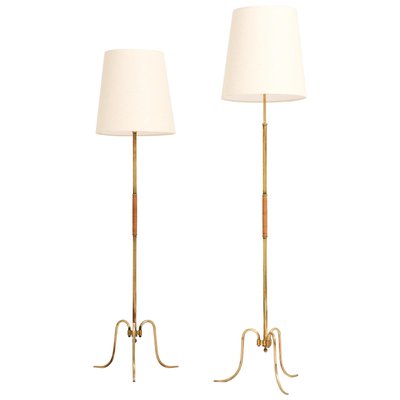 Floor Lamp in Brass, Woven Cane and New Lamp Shades from Lysberg Hansen Therp, 1940s, Set of 2-SC-2020801