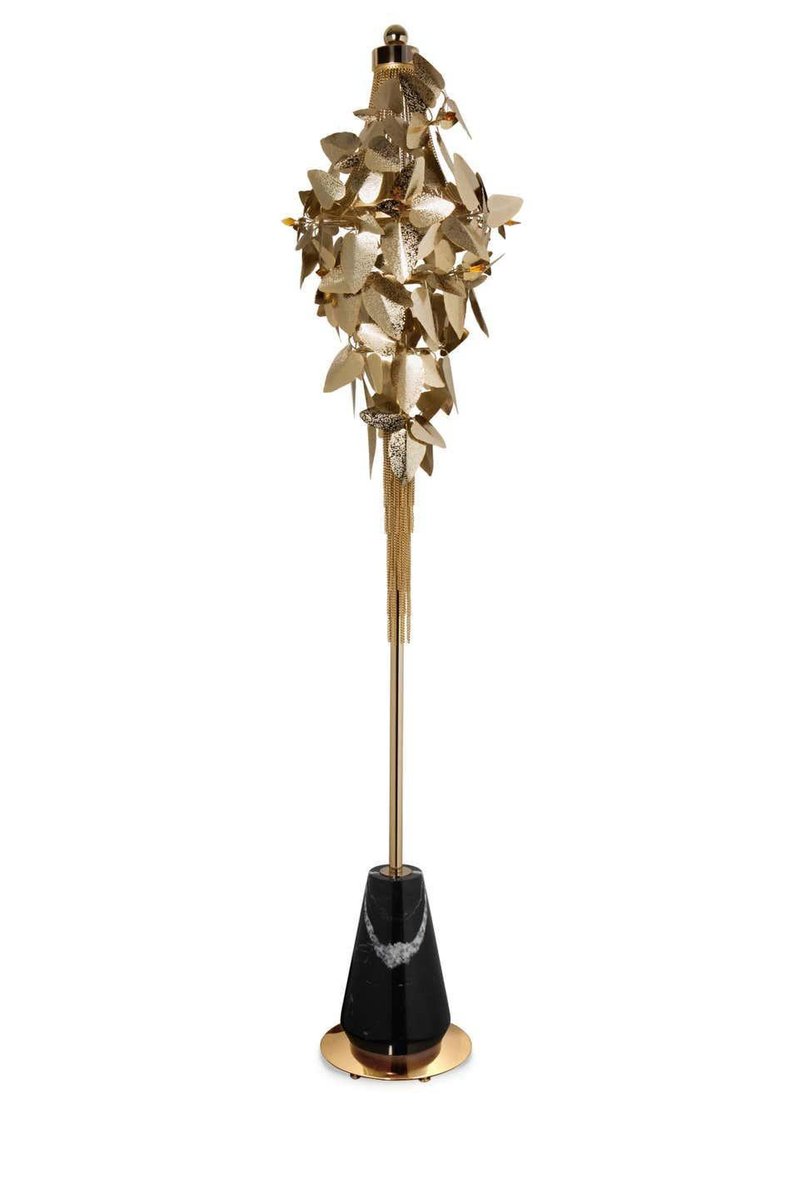 Floor Lamp in Gold-Plated Brass, Marble and Swarovski Crystals