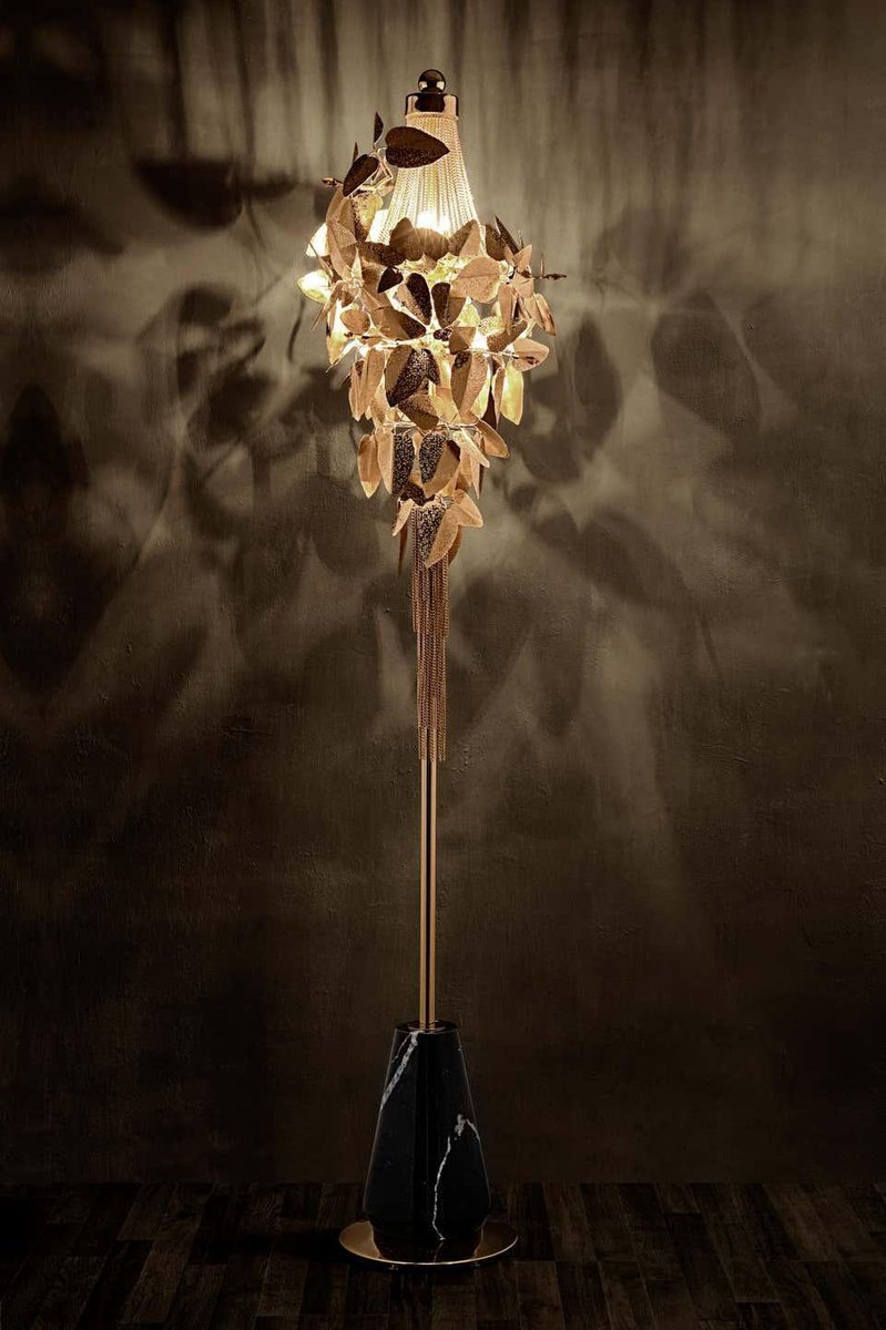 Floor Lamp in Gold-Plated Brass, Marble and Swarovski Crystals