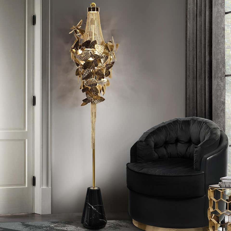 Floor Lamp in Gold-Plated Brass, Marble and Swarovski Crystals