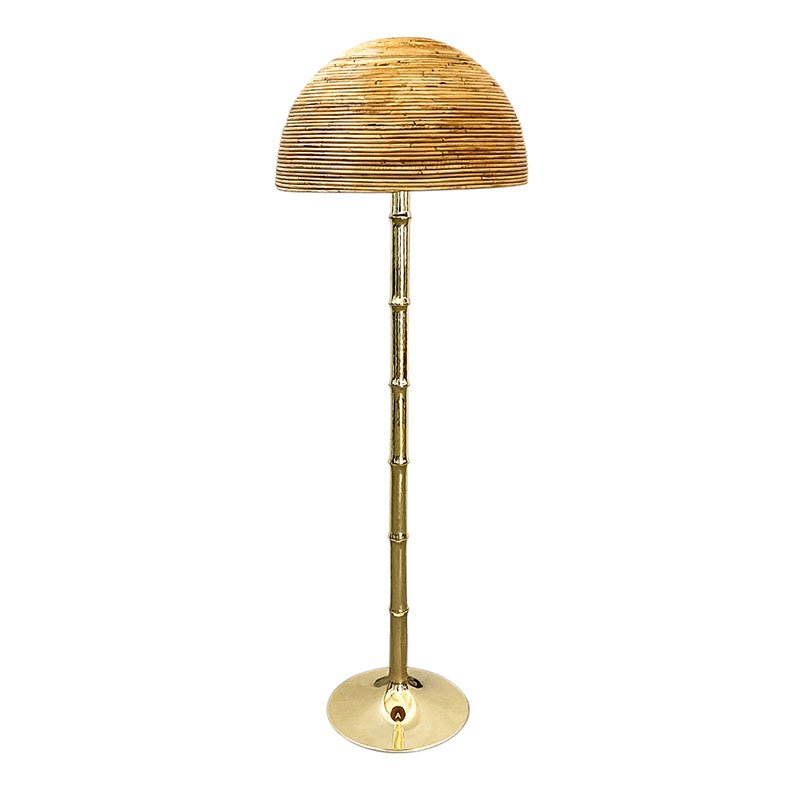 Floor Lamp in Polished Brass and Bamboo Diffuser, 1980s