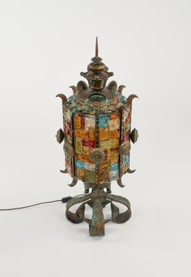 Floor Lamp Lantern in Wrought Iron and Hammered Glass by Longobard, 1970s-LYQ-1823304