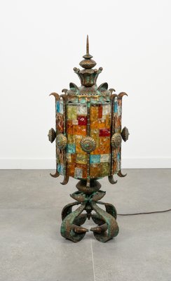 Floor Lamp Lantern in Wrought Iron and Hammered Glass by Longobard, 1970s-LYQ-1823304