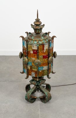 Floor Lamp Lantern in Wrought Iron and Hammered Glass by Longobard, 1970s-LYQ-1823304