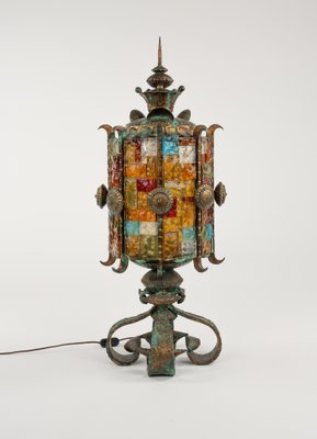 Floor Lamp Lantern in Wrought Iron and Hammered Glass by Longobard, 1970s-LYQ-1823304