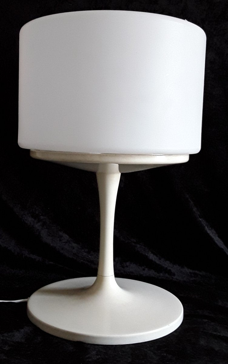 Floor Lamp with a White Lacquered Aluminum Trumpet Base & Screw-on White Cylindrical Plastic Shade, 1970s