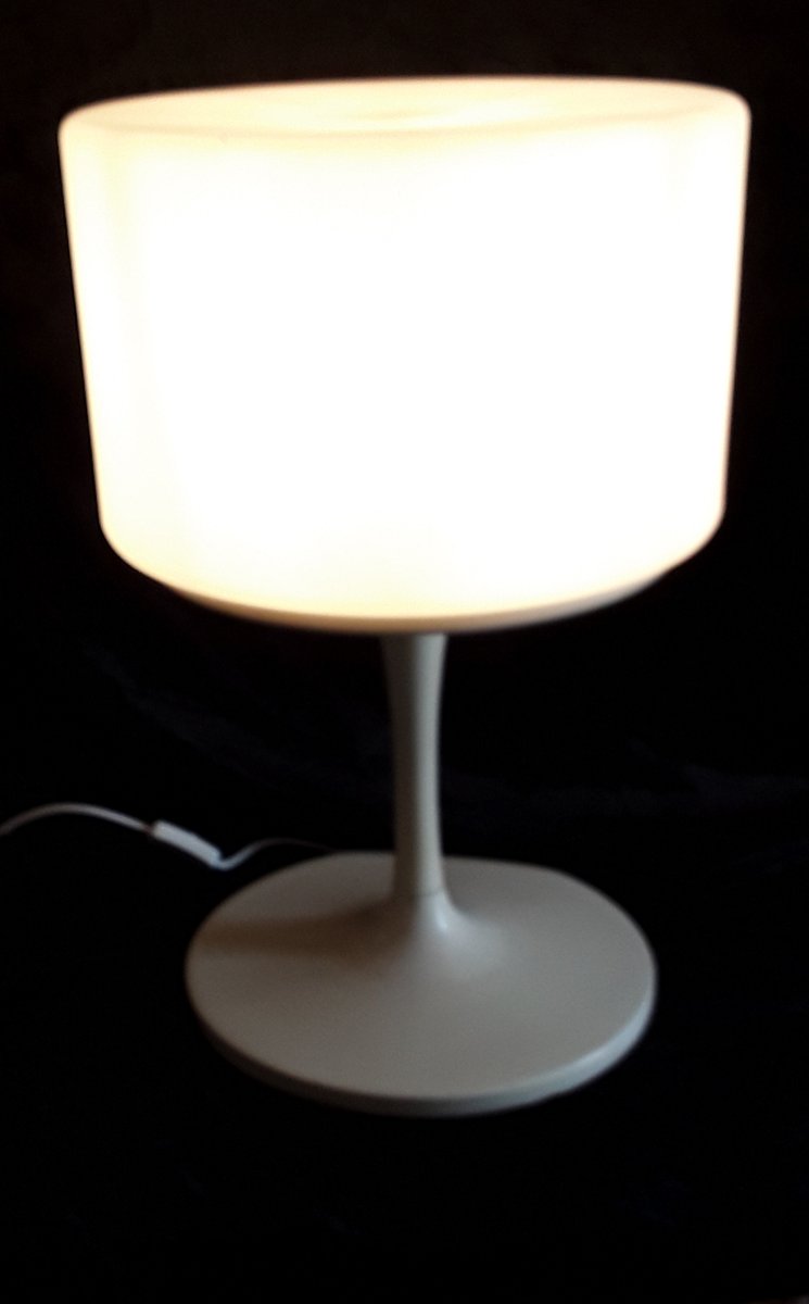 Floor Lamp with a White Lacquered Aluminum Trumpet Base & Screw-on White Cylindrical Plastic Shade, 1970s