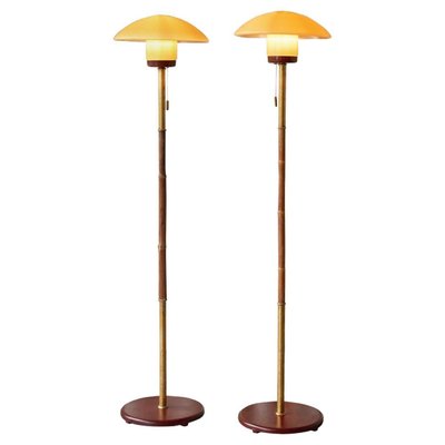 Floor Lamps in Bamboo, Patinated Brass and Yellow Glass, 1920s, Set of 2-FEW-2024191