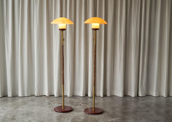 Floor Lamps in Bamboo, Patinated Brass and Yellow Glass, 1920s, Set of 2-FEW-2024191