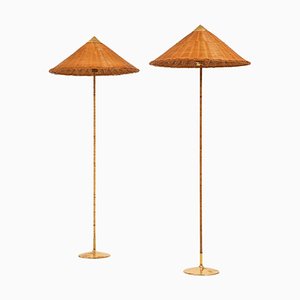 Floor Lamps in Brass, Cane and Rattan Shades attributed to Paavo Tynell, 1950s, Set of 2-SC-2039387