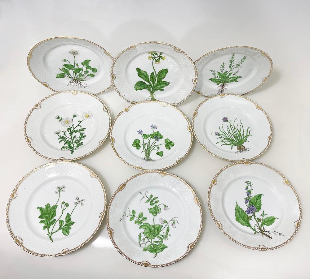 Flora Danica Porcelain Breakfast Plates by Bing & Grøndahl, Denmark, 1920s, Set of 9