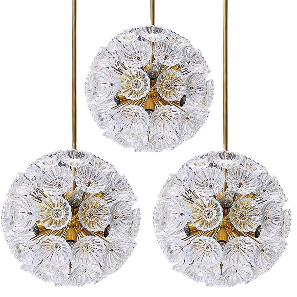 Floral Brass and Glass Chandeliers in the Style of Emile Stejnar, Set of 3