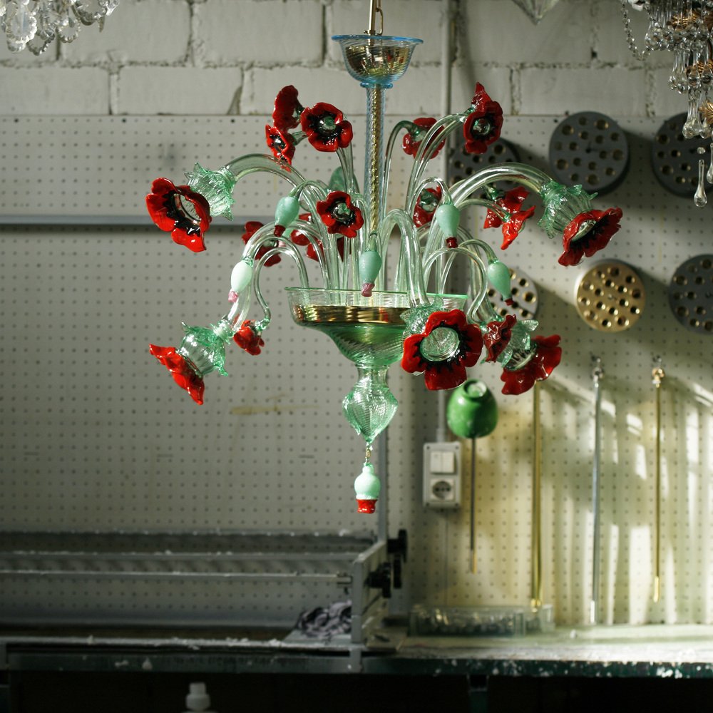 Floral Chandelier with Red Poppies by Bottega Veneziana