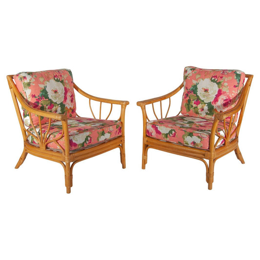 Floral Lounge Chairs in Bamboo, 1960, Set of 2