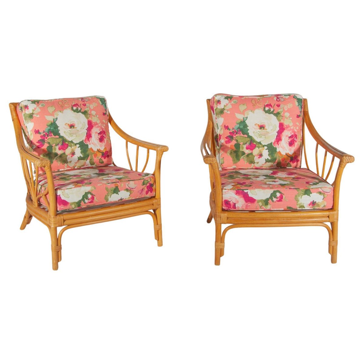 Floral Lounge Chairs in Bamboo, 1960, Set of 2