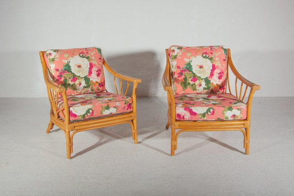 Floral Lounge Chairs in Bamboo, 1960, Set of 2