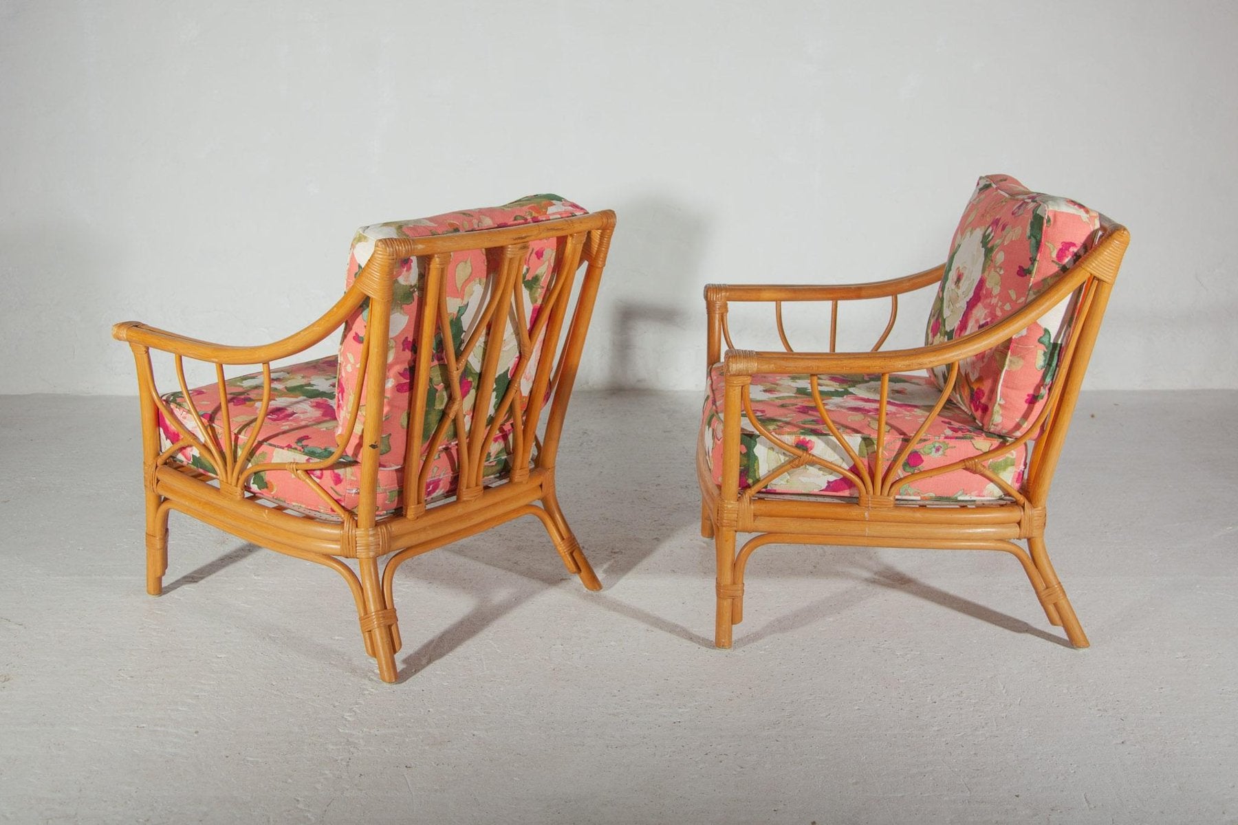 Floral Lounge Chairs in Bamboo, 1960, Set of 2