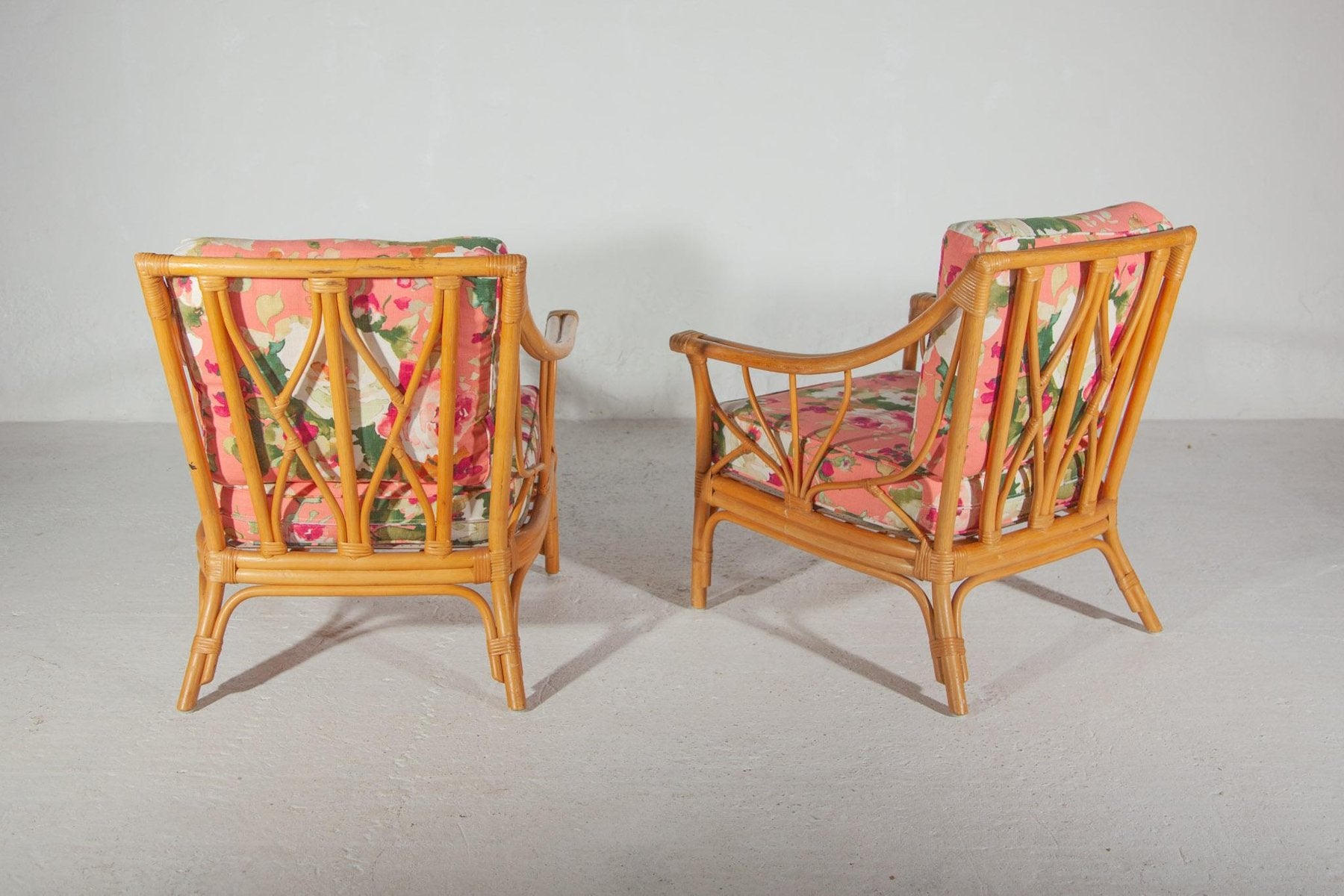 Floral Lounge Chairs in Bamboo, 1960, Set of 2