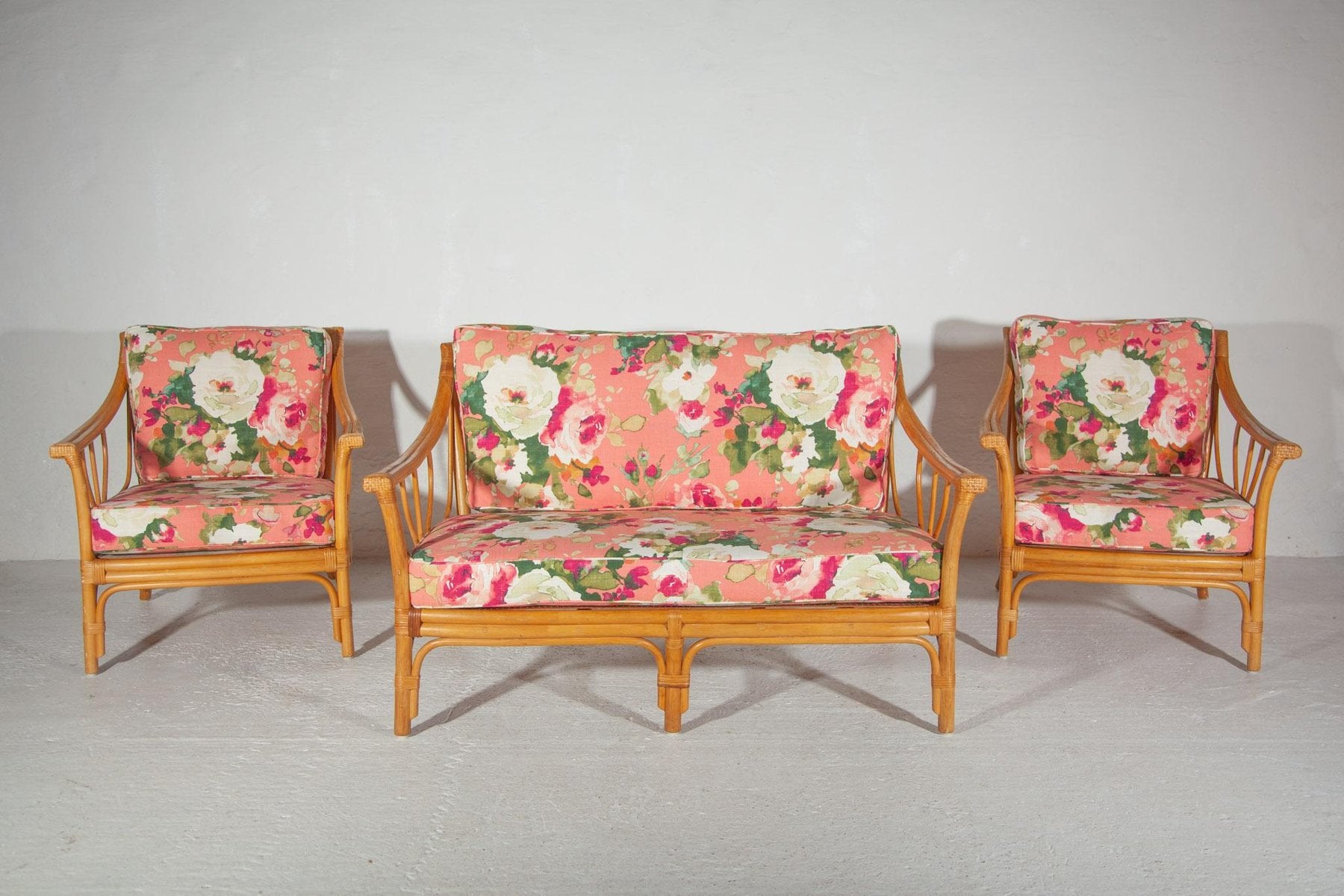 Floral Lounge Chairs in Bamboo, 1960, Set of 2