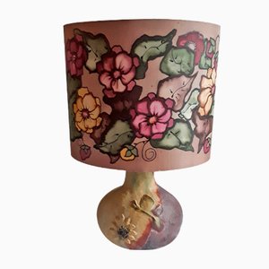 Floral Table Lamp with Brown-Beige Ceramic Oval Base & Fabric Shade, 1980s-HOI-1293327