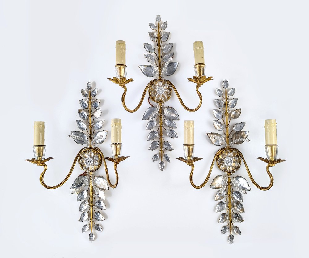 Floral Wall Lights in Crystal and Gold Metal from Maison Baguès, 1890s, Set of 3