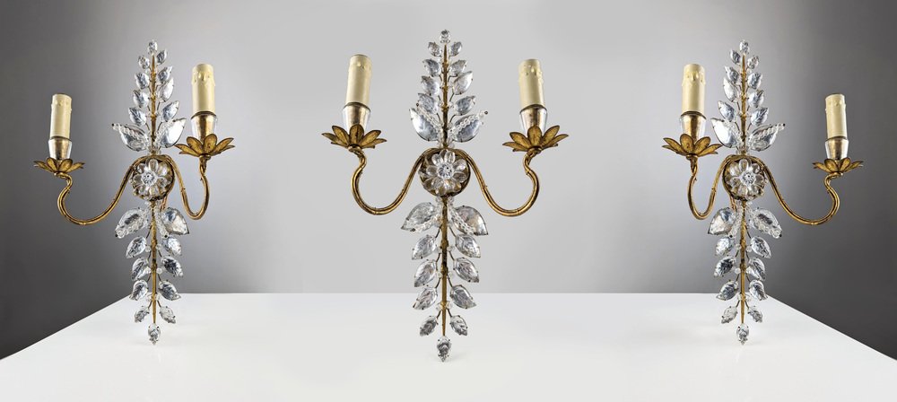 Floral Wall Lights in Crystal and Gold Metal from Maison Baguès, 1890s, Set of 3