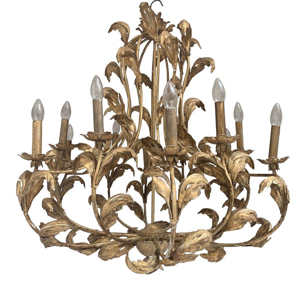 Florentine Art Gold Handmade Painted Metal 10 Light Wrought Iron Chandelier from Simoeng, Italy