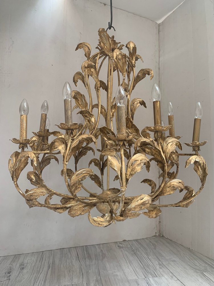 Florentine Art Gold Handmade Painted Metal 10 Light Wrought Iron Chandelier from Simoeng, Italy