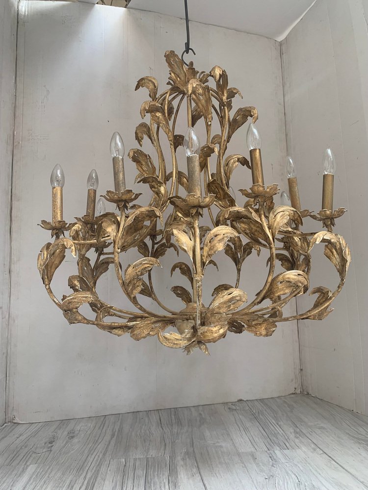 Florentine Art Gold Handmade Painted Metal 10 Light Wrought Iron Chandelier from Simoeng, Italy