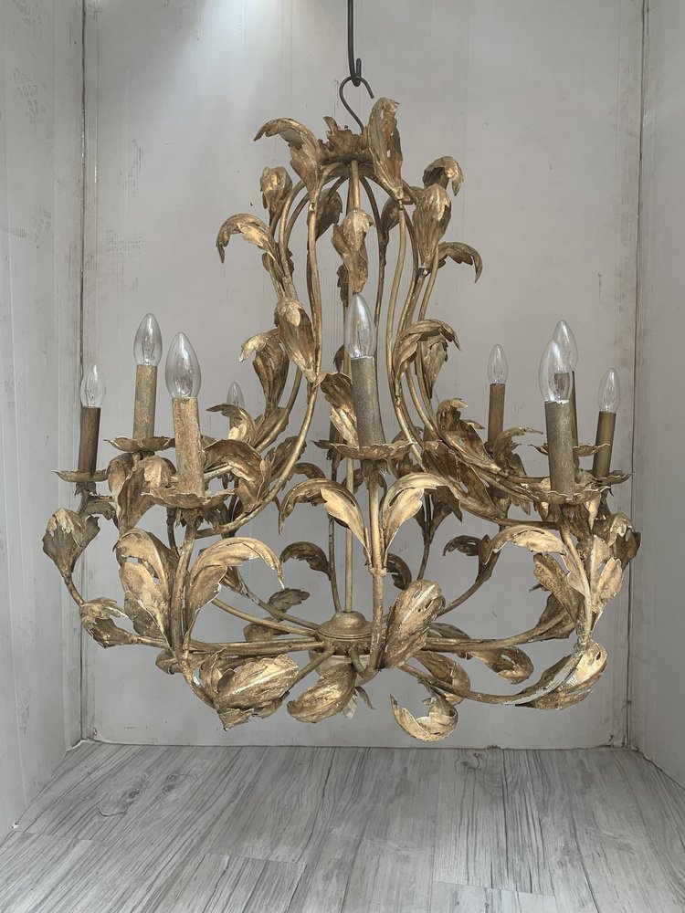 Florentine Art Gold Handmade Painted Metal 10 Light Wrought Iron Chandelier from Simoeng, Italy