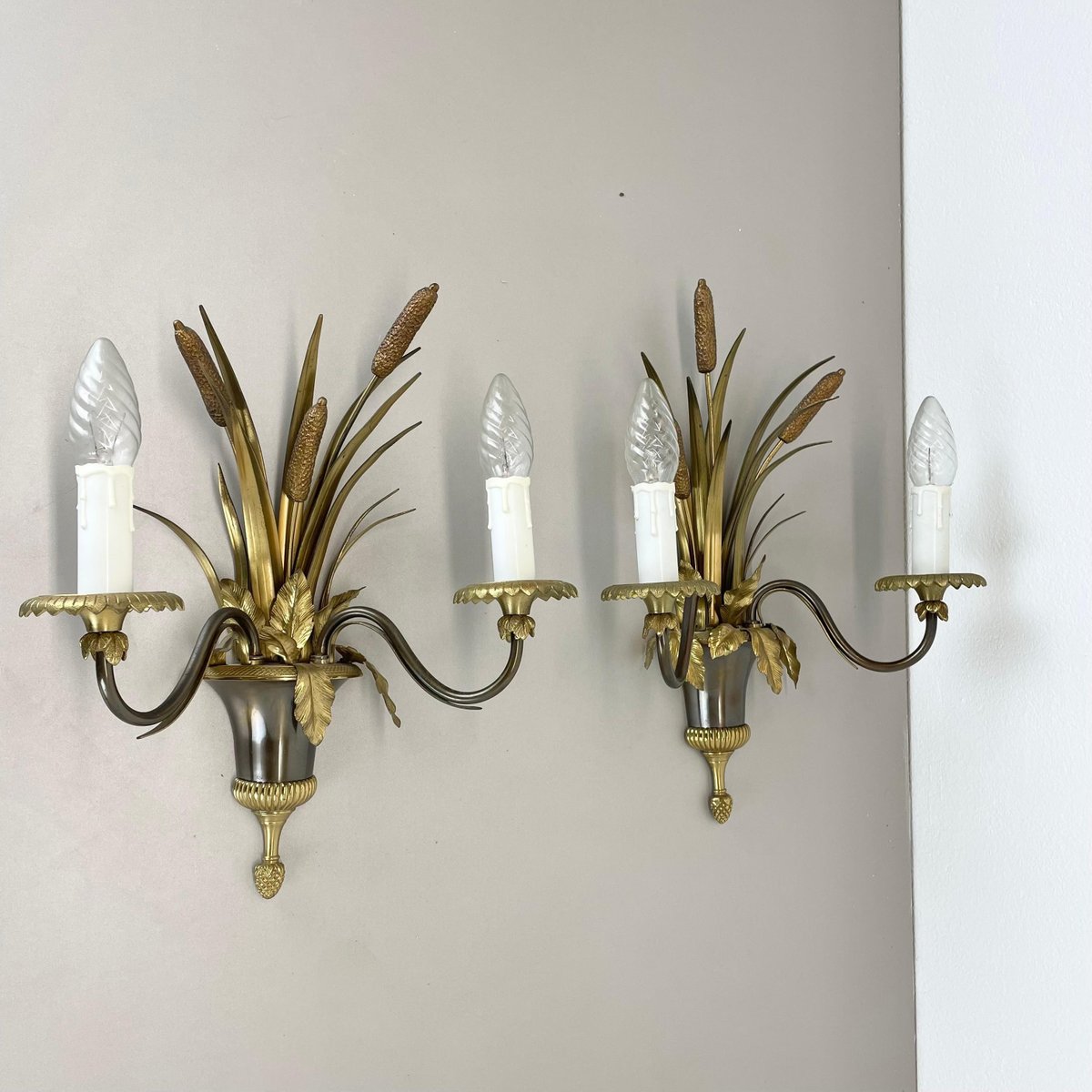 Florentine Brass Wall Lights attributed to Maison Charles, France, 1970s, Set of 2