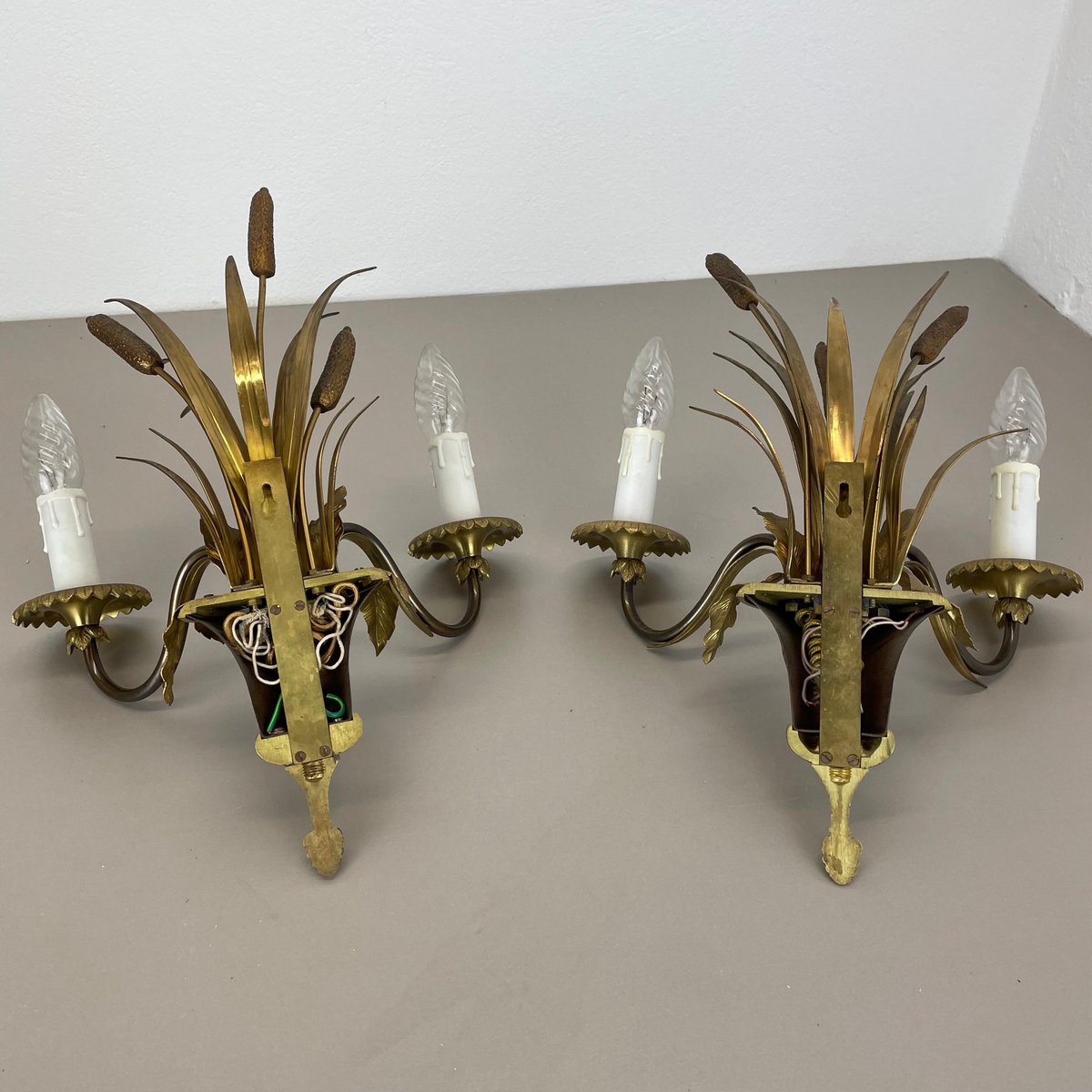 Florentine Brass Wall Lights attributed to Maison Charles, France, 1970s, Set of 2