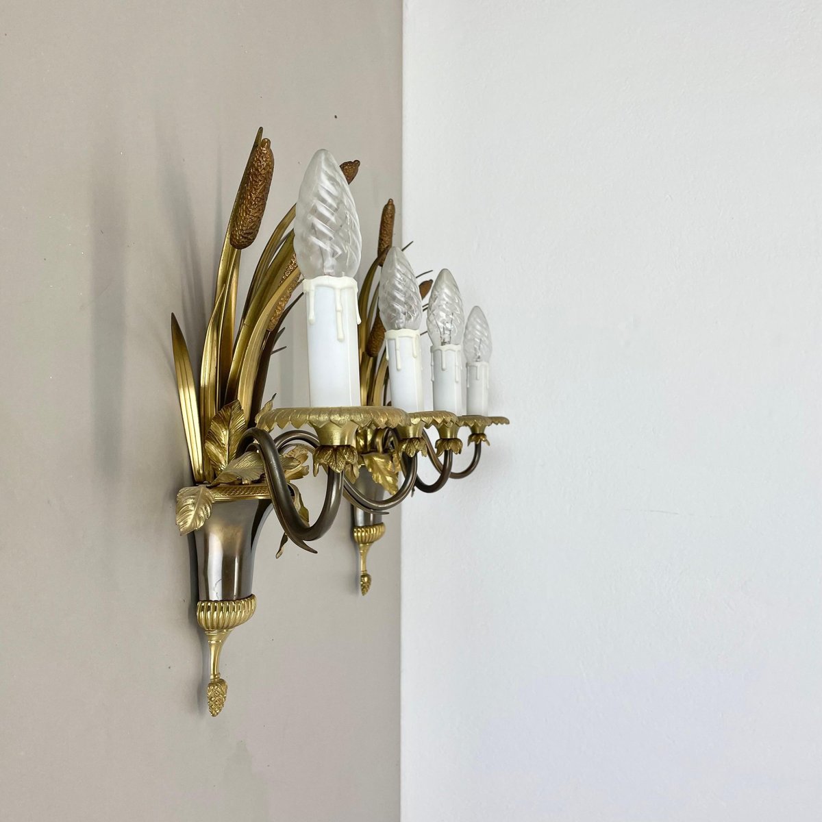 Florentine Brass Wall Lights attributed to Maison Charles, France, 1970s, Set of 2