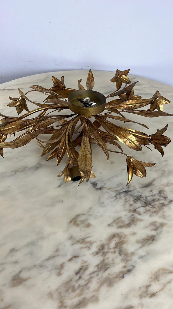 Florentine Ceiling Light with 4 Gilded Iron Lights, Flowers and 80s Leaves, 1980s