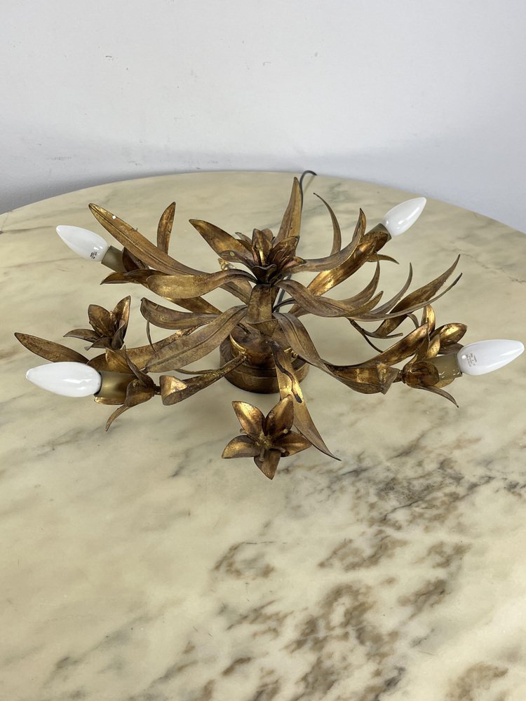 Florentine Ceiling Light with 4 Gilded Iron Lights, Flowers and 80s Leaves, 1980s