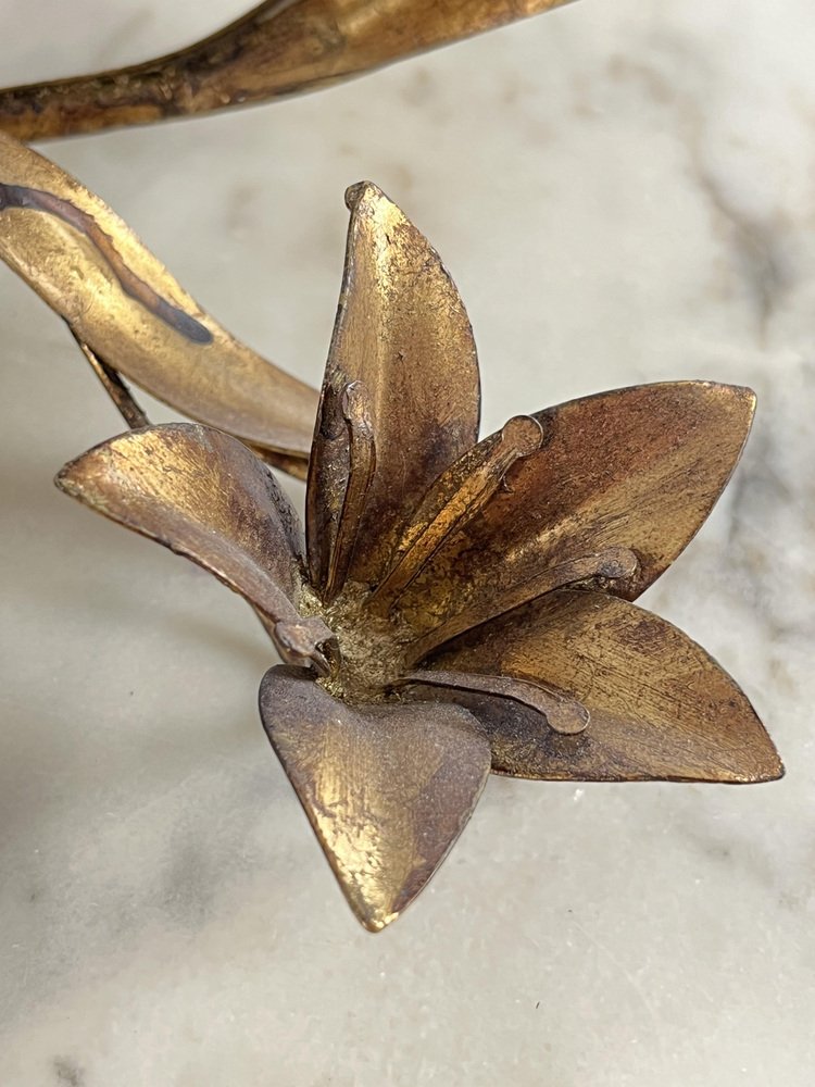 Florentine Ceiling Light with 4 Gilded Iron Lights, Flowers and 80s Leaves, 1980s